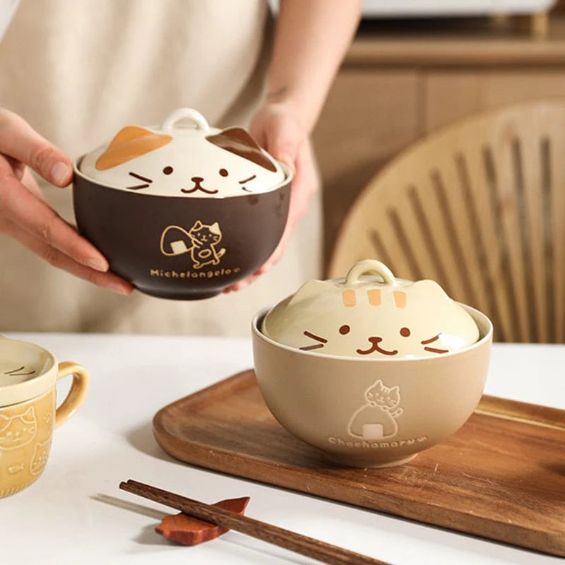 Kawaii cat ramen bowl with lid