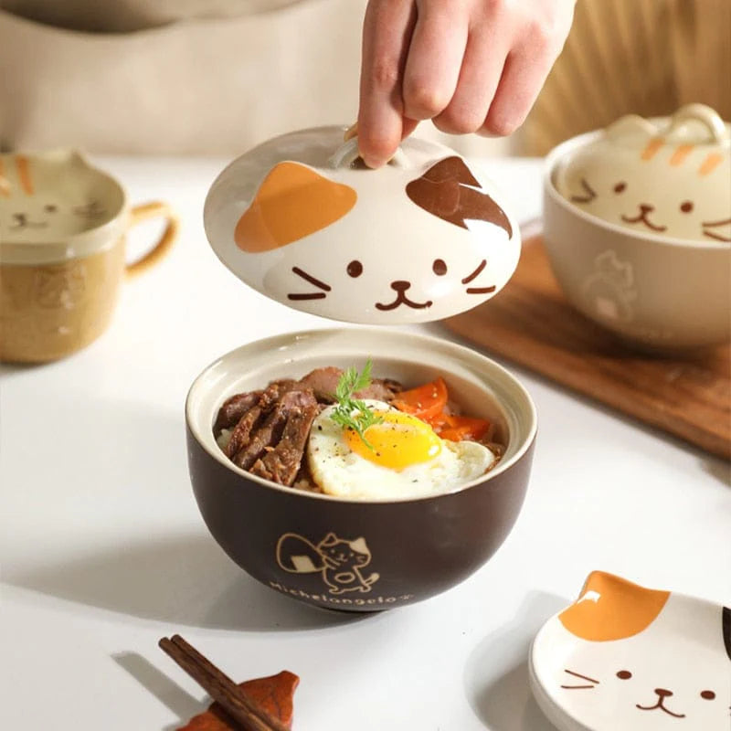 Bol à ramen chat kawaii avec couvercle