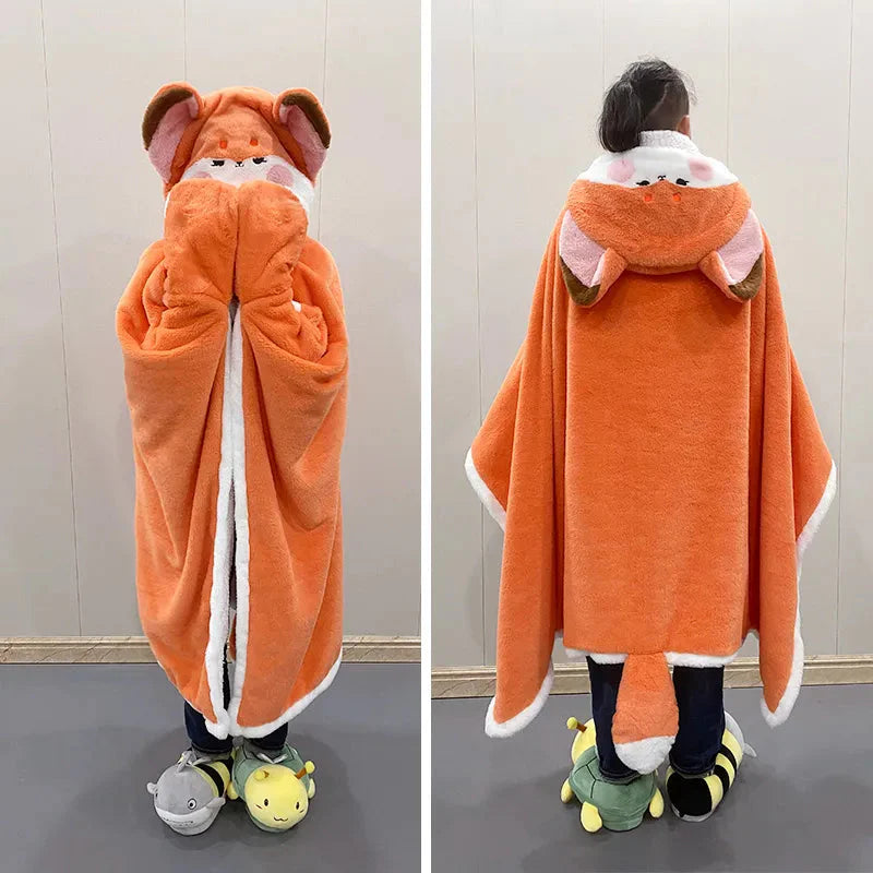 Peignoir à capuche en peluche Kawaii Fox