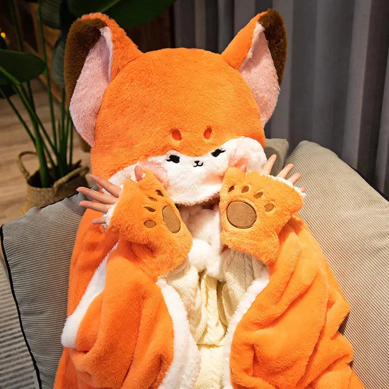 Peignoir à capuche en peluche Kawaii Fox